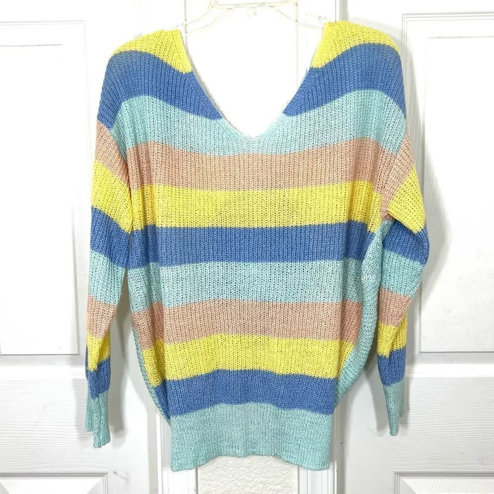 Gilli Sweater Pastel Rainbow Striped Twist Front Drop Shoulder Acrylic Size L
